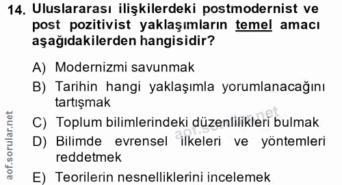 14. soru: Uluslararası ilişkilerdeki postmodernist ve post pozitivist yaklaşımların temel amacı aşağıdakilerden hangisidir? A)…