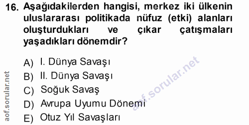 16. soru: Aşağıdakilerden hangisi, merkez iki ülkenin uluslararası politikada nüfuz (etki) alanları oluşturdukları ve çıkar çat…