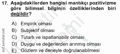 17. soru: Aşağıdakilerden hangisi mantıkçı pozitivizme göre bilimsel bilginin özelliklerinden biri değildir? A) Empirik olması…