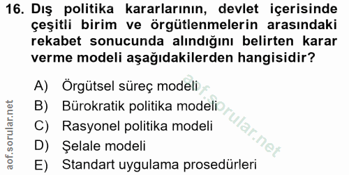 16. soru: Dış politika kararlarının, devlet içerisinde çeşitli birim ve örgütlenmelerin arasındaki rekabet sonucunda alındığını…