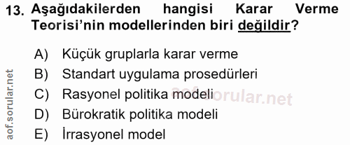 13. soru: Aşağıdakilerden hangisi Karar Verme Teorisi'nin modellerinden biri değildir? A) Küçük gruplarla karar verme B) Standa…