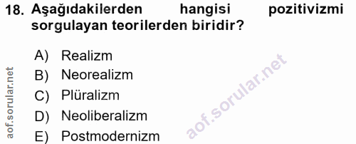 18. soru: Aşağıdakilerden hangisi pozitivizmi sorgulayan teorilerden biridir? A) Realizm B) Neorealizm C) Plüralizm D) Neoliber…