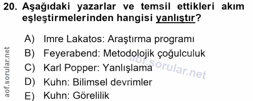 20. soru: Aşağıdaki yazarlar ve temsil ettikleri akım eşleştirmelerinden hangisi yanlıştır? A) Imre Lakatos: Araştırma programı…