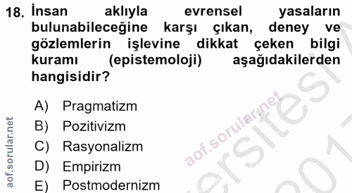 18. soru: İnsan aklıyla evrensel yasaların bulunabileceğine karşı çıkan, deney ve gözlemlerin işlevine dikkat çeken bilgi kuram…