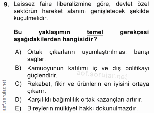 9. soru: Laissez faire liberalizmine göre, devlet özel sektörün hareket alanını genişletecek şekilde küçülmelidir. Bu yaklaşım…