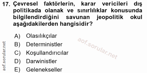 17. soru: Çevresel faktörlerin, karar vericileri dış politikada olanak ve sınırlılıklar konusunda bilgilendirdiğini savunan jeo…