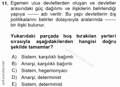 11. soru: Egemen ulus devletlerden oluşan ve devletler arasındaki güç dağılımı ve ilişkilerin belirlendiğı yapıya - adı verilir…