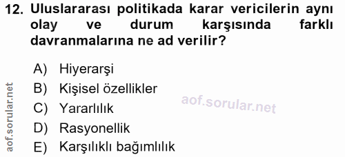 12. soru: Uluslararası politikada karar vericilerin aynı olay ve durum karşısında farklı davranmalarına ne ad verilir? A) Hiyer…