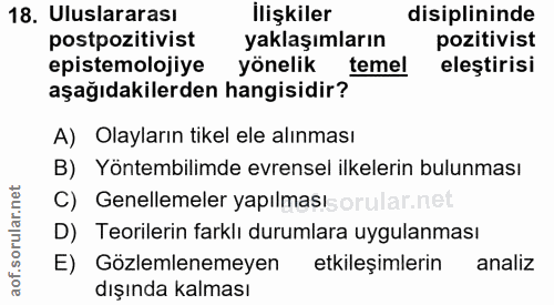 18. soru: Uluslararası İlişkiler disiplininde postpozitivist yaklaşımların pozitivist epistemolojiye yönelik temel eleştirisi a…