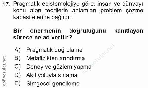17. soru: Pragmatik epistemolojiye göre, insan ve dünyayı konu alan teorilerin anlamları problem çözme kapasitelerine bağlıdır.…