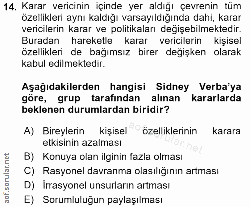 14. soru: Karar vericinin içinde yer aldığı çevrenin tüm özellikleri aynı kaldığı varsayıldığında dahi, karar vericilerin karar…