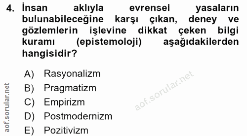 4. soru: Insan aklıyla evrensel yasaların bulunabileceğine karşı çıkan, deney ve gözlemlerin işlevine dikkat çeken bilgi kuram…