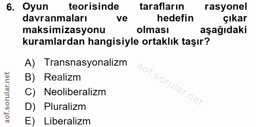 6. soru: Oyun teorisinde tarafların rasyonel davranmaları ve hedefin çıkar maksimizasyonu olması aşağıdaki kuramlardan hangisi…