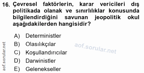 16. soru: Çevresel faktörlerin, karar vericileri dış politikada olanak ve sınırlılıklar konusunda bilgilendirdiğini savunan jeo…