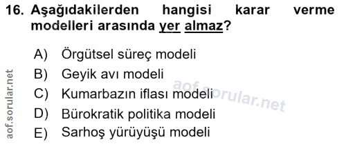 16. soru: Aşağıdakilerden hangisi karar verme modelleri arasında yer almaz? A) Örgütsel süreç modeli B) Geyik avı modeli D) Bür…
