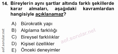 14. soru: Bireylerin aynı şartlar altında farklı şekillerde karar almaları, aşağıdaki kavramlardan hangisiyle açıklanamaz? A) B…