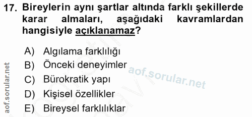 17. soru: Bireylerin aynı şartlar altında farklı şekillerde karar almaları, aşağıdaki kavramlardan hangisiyle açıklanamaz? A) A…