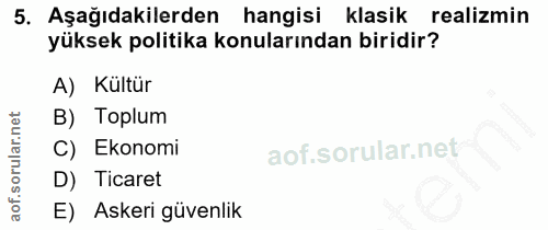 5. soru: Aşağıdakilerden hangisi klasik realizmin yüksek politika konularından biridir? A) Kultür B) Toplum Ekonomi D) Ticaret…