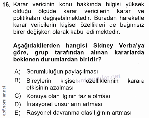 16. soru: Karar vericinin konu hakkında bilgisi yüksek olduğu ölçüde karar vericilerin karar ve politikaları değişebilmektedir.…