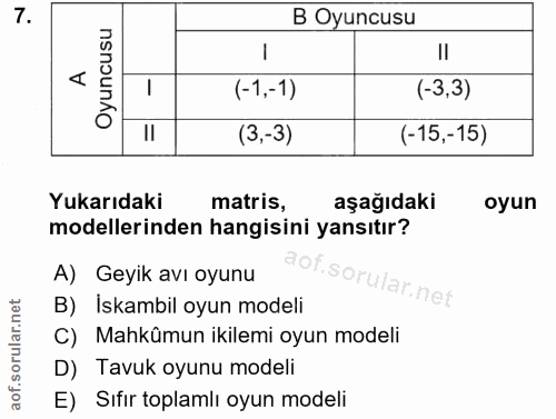 7. soru: B Oyuncusu Oyuncusu 1 (-1,-1) (-3,3) (3,-3) (-15,-15) Yukarıdaki matris, aşağıdaki oyun modellerinden hangisini yansı…