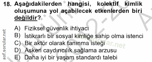 18. soru: Aşağıdakilerden " hangisi, kolektif kimlik oluşumuna yol açabilecek etkenlerden biri değildir? A) Fiziksel güvenlik i…