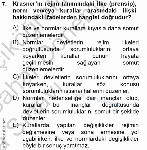 7. soru: Krasner'ın rejim tanımındaki ilke (prensip), norm ve/veya kurallar arasındaki ilişki hakkındaki ifadelerden hangisi d…