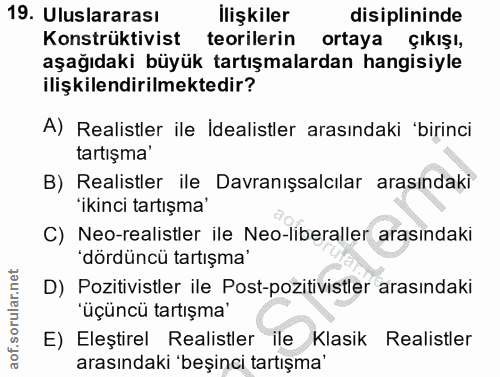19. soru: Uluslararası Ilişkiler disiplininde Konstrüktivist teorilerin ortaya çıkışı, aşağıdaki büyük tartışmalardan hangisiyl…