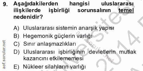 9. soru: Aşağıdakilerden hangisi uluslararası ilişkilerde iş birliği sorunsalının temel nedenidir? A) Uluslararası sistemin an…