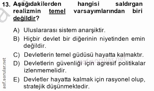 13. soru: Aşağıdakilerden hangisı saldırgan realizmin temel varsayımlarından biri değildir? A) Uluslararası sistem anarşiktir.…