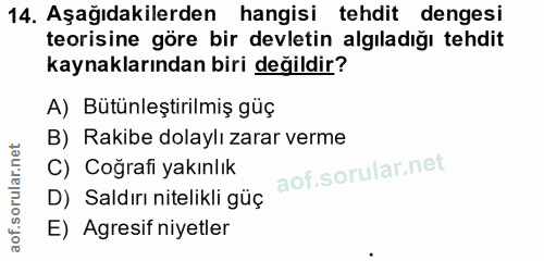 14. soru: Aşağıdakilerden hangisi tehdit dengesi teorisine göre bir devletin algıladığı tehdit kaynaklarından biri değildir? A)…