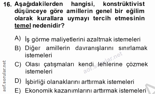 16. soru: Aşağıdakilerden hangisi, konstrüktivist düşünceye göre millerin genel bir eğilim olarak kurallara uymayı tercih etmes…