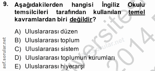 9. soru: Aşağıdakilerden hangisi Ingiliz Okulu temsilcileri tarafından kullanılan temel kavramlardan biri değildir? A) Uluslar…