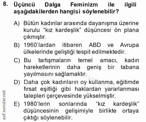 8. soru: Uçüncü Dalga Feminizm ile ilgili aşağıdakilerden hangisi söylenebilir? A) Bütün kadınlar arasında dayanışma üzerine k…
