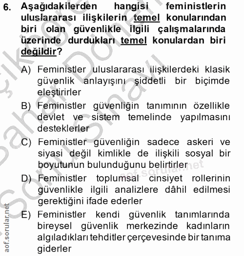 6. soru: Aşağıdakilerden hangisi feministlerin uluslararası ilişkilerin temel konularından biri olan güvenlikle ilgili çalışma…
