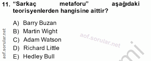 11. soru: "Sarkaç metaforu" aşağıdaki teorisyenlerden hangisine aittir? A) Barry Buzan B) Martin Wight C) Adam Watson D) Richar…