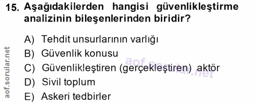 15. soru: Aşağıdakilerden hangisi güvenlikleştirme analizinin bileşenlerinden biridir? A) Tehdit unsurlarının varlığı B) Güvenl…