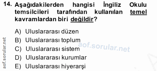 14. soru: Aşağıdakilerden hangisi Ingiliz Okulu temsilcileri tarafından kullanılan temel kavramlardan biri değildir? A) Uluslar…