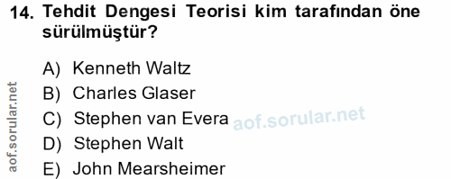 14. soru: Tehdit Dengesi Teorisi kim tarafından öne sürülmüştür? A) Kenneth Waltz B) Charles Glaser C) Stephen van Evera D) Ste…