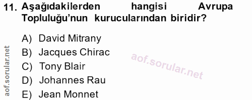 11. soru: Aşağıdakilerden hangisi Avrupa Topluluğu'nun kurucularından biridir? A) David Mitrany B) Jacques Chirac C) Tony Blair…
