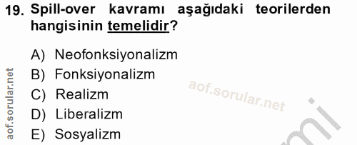 19. soru: Spill-over kavramı aşağıdaki teorilerden hangisinin temelidir? A) Neofonksiyonalizm B) Fonksiyonalizm C) Realizm D) L…
