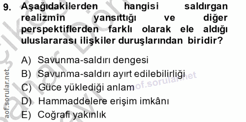 9. soru: Aşağıdakilerden hangisi saldırgan realizmin yanşıttığı ve diğer perspektiflerden farklı olarak ele aldığı uluslararas…