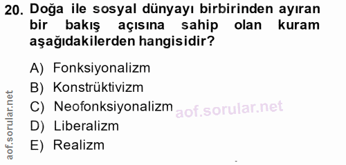 20. soru: Doğa ile sosyal dünyayı birbirinden ayıran bir bakış açısına sahip olan kuram aşağıdakilerden hangisidir? A) Fonksiyo…