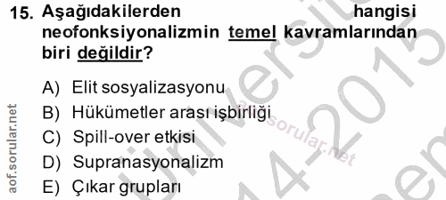 15. soru: Aşağıdakilerden hangisi neofonksiyonalizmin temel kavramlarından biri değildir? A) Elit sosyalizasyonu B) Hükümetler…