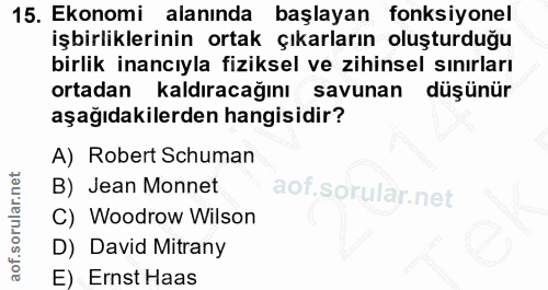 15. soru: Ekonomi alanında başlayan fonksiyonel işbirliklerinin ortak çıkarların oluşturduğu birlik inancıyla fiziksel ve zihin…