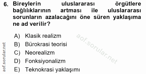 6. soru: Bireylerin uluslararası örgütlere bağlılıklarının artması ile uluslararası sorunların azalacağını öne süren yaklaşıma…