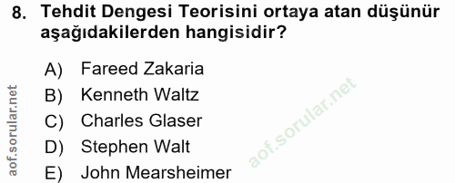 8. soru: Tehdit Dengesi Teorisini ortaya atan düşünür aşağıdakilerden hangisidir? A) Fareed Zakaria Kenneth Waltz C) Charles G…