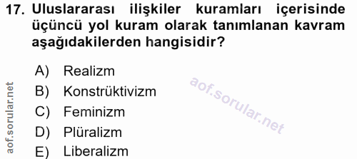 17. soru: Uluslararası ilişkiler kuramları içerisinde üçüncü yol kuram olarak tanımlanan kavram aşağıdakilerden hangisidir? A)…