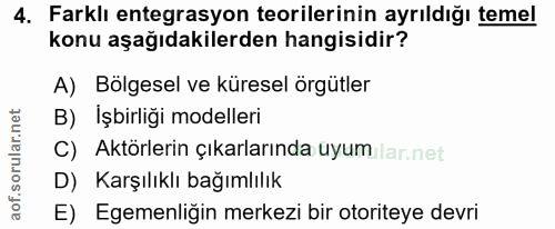 4. soru: Farklı entegrasyon teorilerinin ayrıldığı temel konu aşağıdakilerden hangisidir? A) Bölgesel ve küresel örgütler B) I…