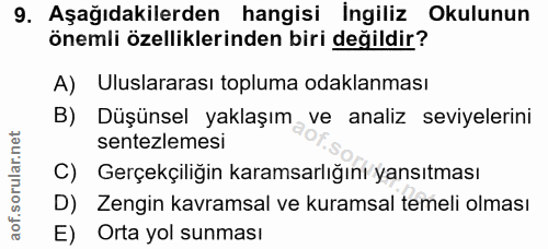 9. soru: Aşağıdakilerden hangisi İngiliz Okulunun önemli özelliklerinden biri değildir? A) Uluslararası topluma odaklanması B)…