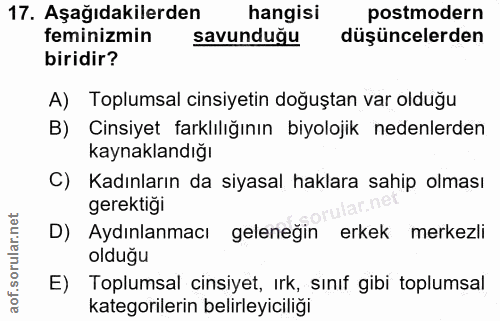 17. soru: Aşağıdakilerden hangisi postmodern feminizmin savunduğu düşüncelerden biridir? A) Toplumsal cinsiyetin doğuştan var o…
